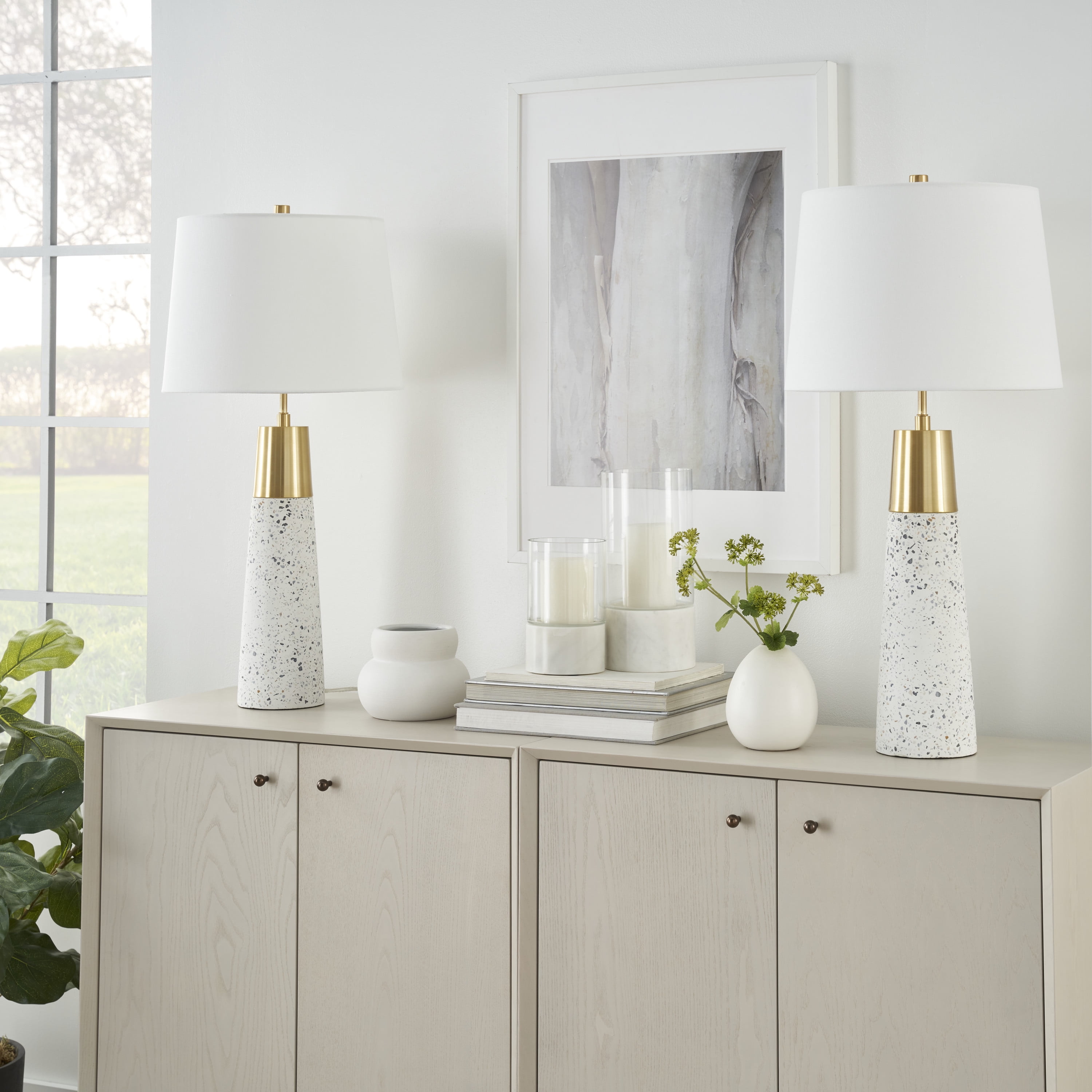 Nourison 29"  Elegant White/Gold Terrazzo Table Lamp, Contemporary, Modern, Glam for Bedroom, Living Room, Office, End Table, Coffee Table