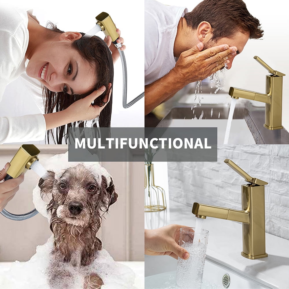 KAIYING Single Handle Bathroom Sink Faucet with Pull Out Sprayer, Rotating Spout, Pull Down Basin Mixer Tap for Hot and Cold Water (Regular,Brushed Champagne Gold)