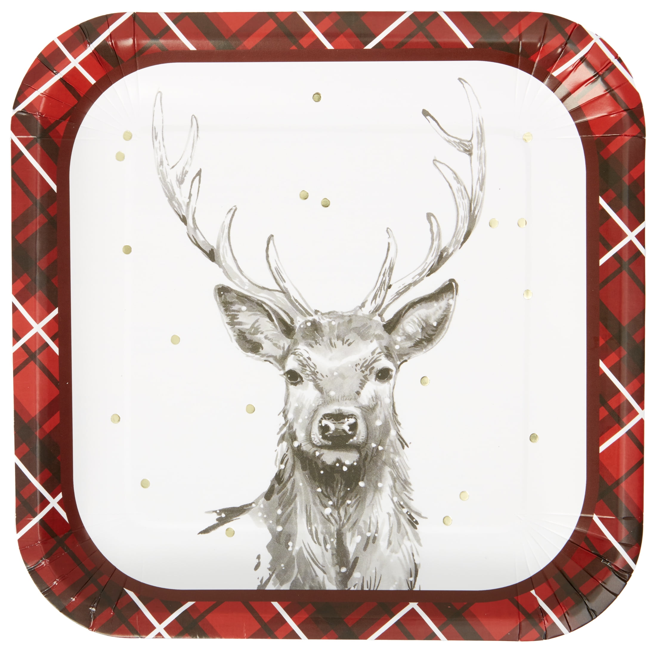 Holiday Time Majestic Stag Premium Tableware, Red, White, Black Plaid, 8 Count
