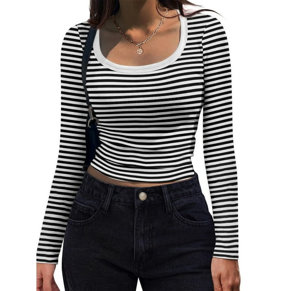Rdhnmea Women's Long Sleeve Striped Tops Scoop Neck Fit Knit Sweater Shirts Spring Fall Blouses Tee Basic Casual T-Shirts Streetwear
