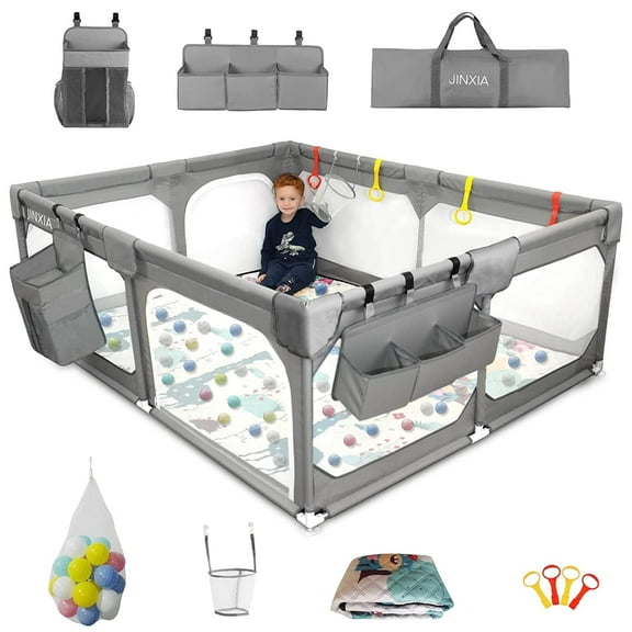 Baby Playpen with Mat, 50"*50" Extra Large Play Yard for Baby and Toddler with Storage Bag, BPA-Free, Non-Toxic, Grey