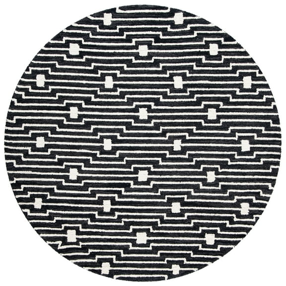 SAFAVIEH Micro-Loop Galena Trellis Striped Area Rug, Charcoal/Ivory, 5' x 5' Round