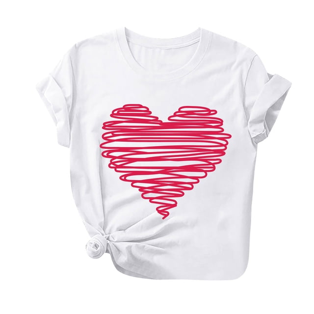 Besolor T-Shirt de la Saint-Valentin pour Femmes, Mode Imprimé Cœur, Manches Courtes, Col Rond