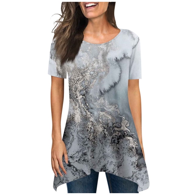 Hauts d'Été pour Femmes 2023 Coupe Ample Col Rond Manches Courtes T-Shirts Graphiques Rayures Étoiles Blouses Décontractées Confortables