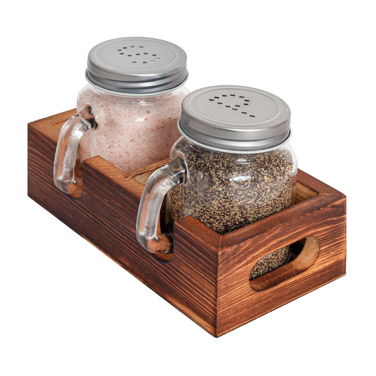 CB Accessories Salt and Pepper Shaker Set with Wood Holder, Clear