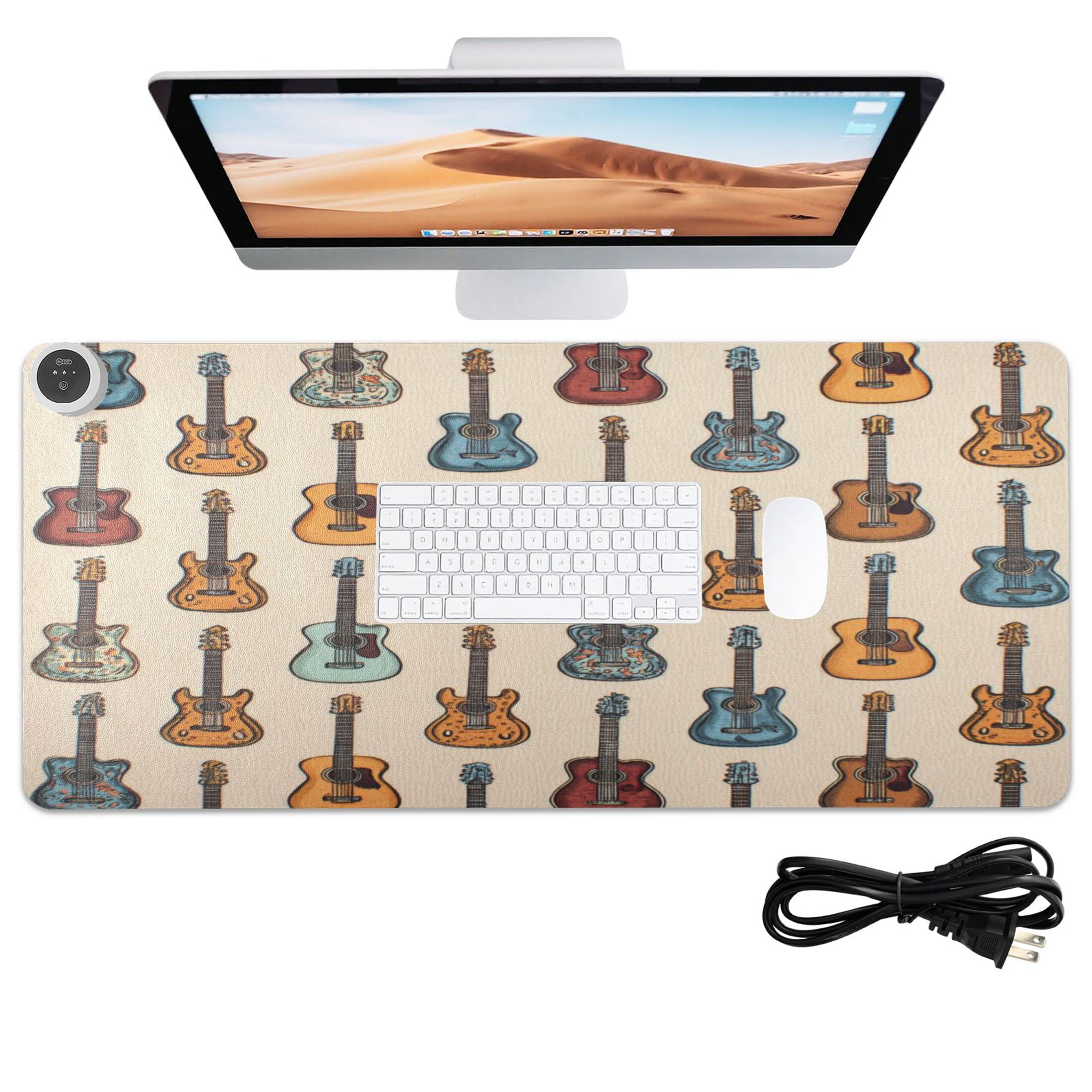 Large Heated Desk Mat Mouse Pad 31.5"x13"PU Leather Graphene Heating Desk Warmer with 3 Temperature Settings 110V US Plug Non-Slip Warm Pad for Home, Office, and Gaming Classic Guitar Music Art