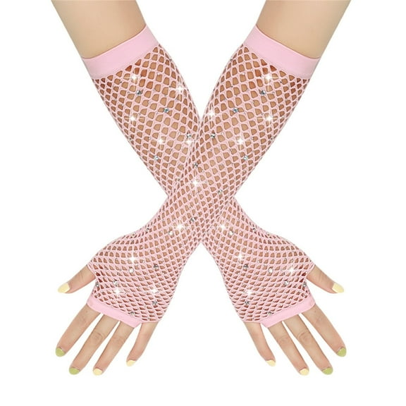 Xfvqtps Fingerless Gloves for Womens Mesh Thumb Hole Long Rhinestone Biling Solid Color Stretch Fashion Party Mittens Pink