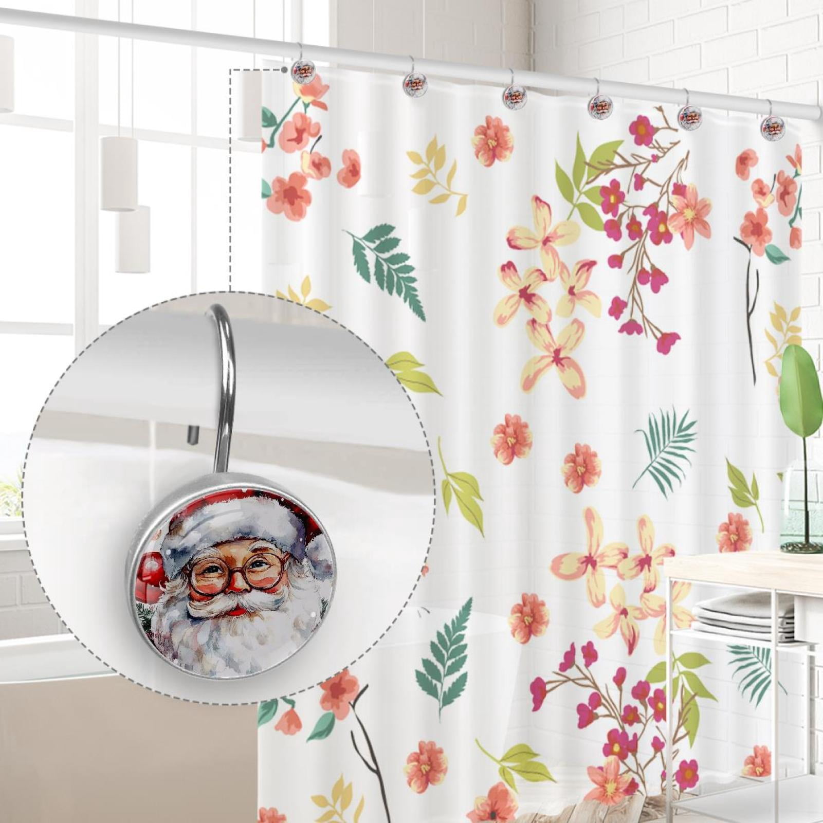 Vintage Christmas Santa Claus Shower Curtain Hooks Round Crystal Glass, Set of 12 Shower Curtain Rings - Shower Hooks for Curtain Shower Rings