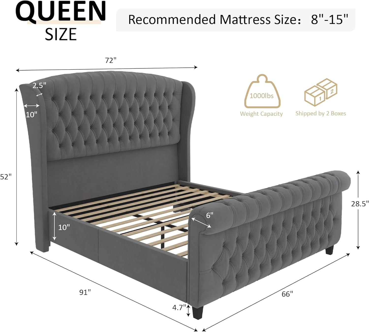 Amerlife Queen Size Bed Frame with Chenille Upholstery, Scroll Wingback Headboard and Footboard, Grey