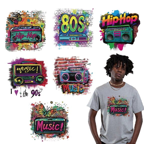 6 Sheets Retro Tape Iron on Stickers Graffiti Videotape Tape Pattern Print Transfer Stickers Decals for Clothing Hat Decoration Applique