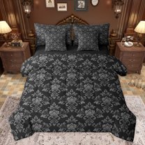 jejeloiu Retro Damask Print 7pcs Bedding Comforter Set,Gothic Moth Queen Bedding Sets,Gray Baroque Flower Queen Sheet Sets For Men Women,Luxury Bedroom Decor Reversible