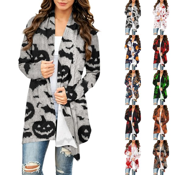 Women's Halloween Printed Cardigan Long Sleeve Open Front Knit Outwear Over Coats Plus Size Knit Sweater Top