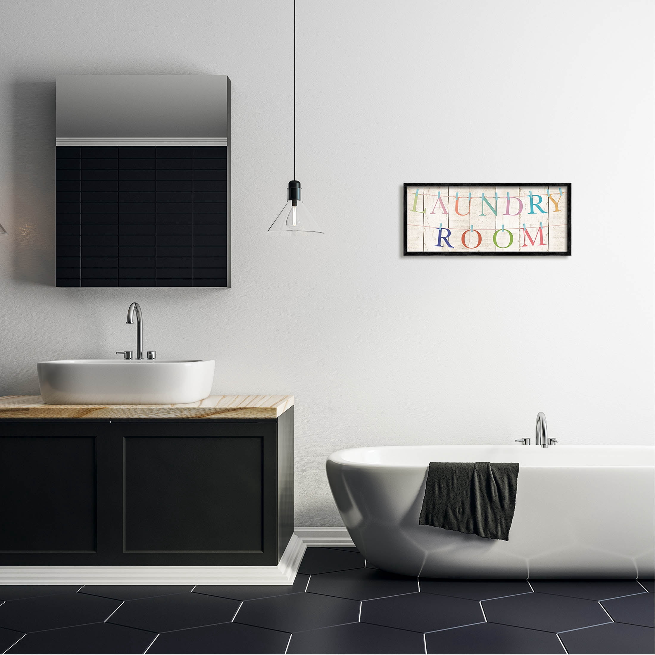 Laundry Room Clothespin Plank Pattern Typography Graphic Art Black Framed Art Print Wall Art