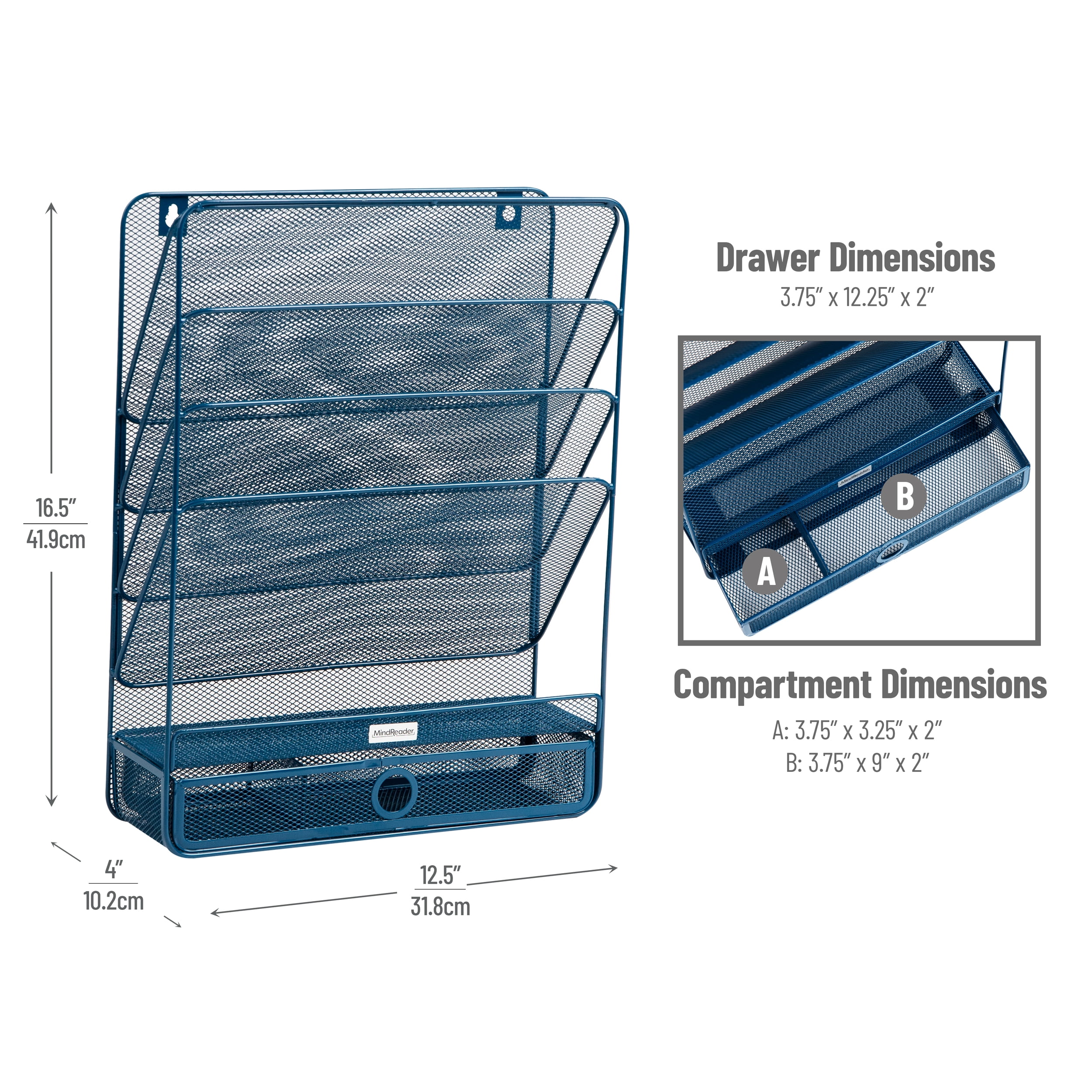 Mind Reader 4-Tier Vertical File Storage, Desktop Organizer, Wall Mount, Office, Metal Mesh, 12.5"L x 4"W x 16.5"H, Turquoise