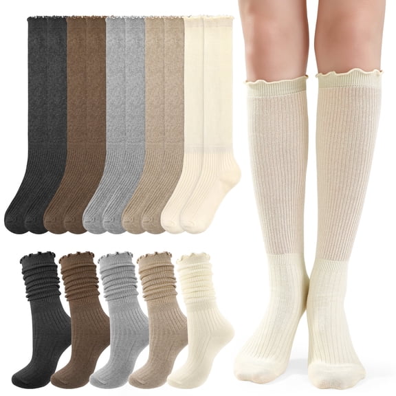 Bocaoying 5 Pairs Women's Ruffle Knee High Boot Socks, Soft Breathable Cotton Knee High Stockings