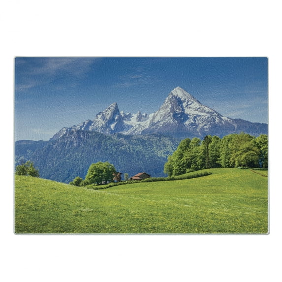 Europe Cutting Board, Blooming Flowers Snowcapped Mountain Tops in Background National Park Bavaria, Decorative Tempered Glass Cutting and Serving Board, Small Size, Green Sky Blue, by Ambesonne