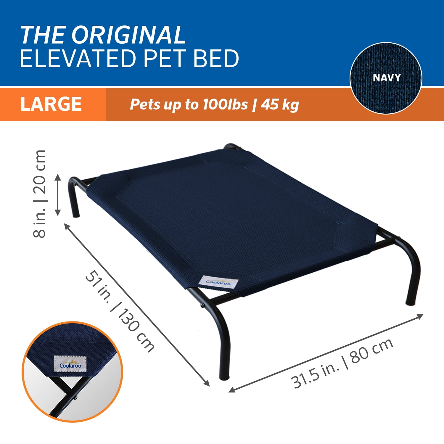 The Original Coolaroo Elevated Pet Dog Bed, Indoor & Outdoor Use, Durable, Cooling, Navy Blue, Large, 51" L x 31.50" W x 8" H