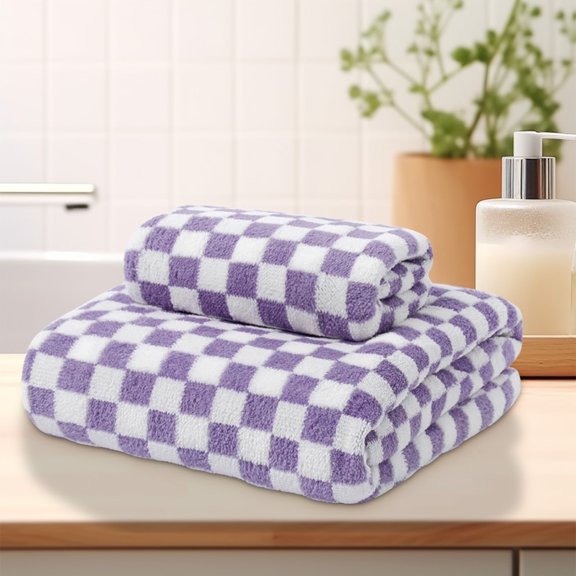 YUTK Checkerboard Grids Velvet Bath Towel Thickening Does Not Lose Hair Bibulous Big Bath Towel for Home Use,Purple,Free Size