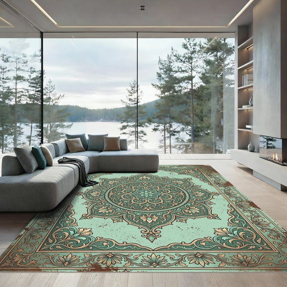 ODIKA 4'x6' Machine Washable Non-Slip Area Rug, Oriental Teal High Traffic Rug, Green, 996870