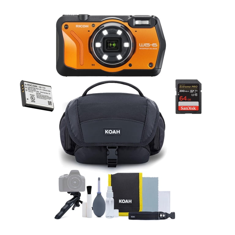 Ricoh WG-6 Digital Camera (Orange) with Extra Battery, SD Card and