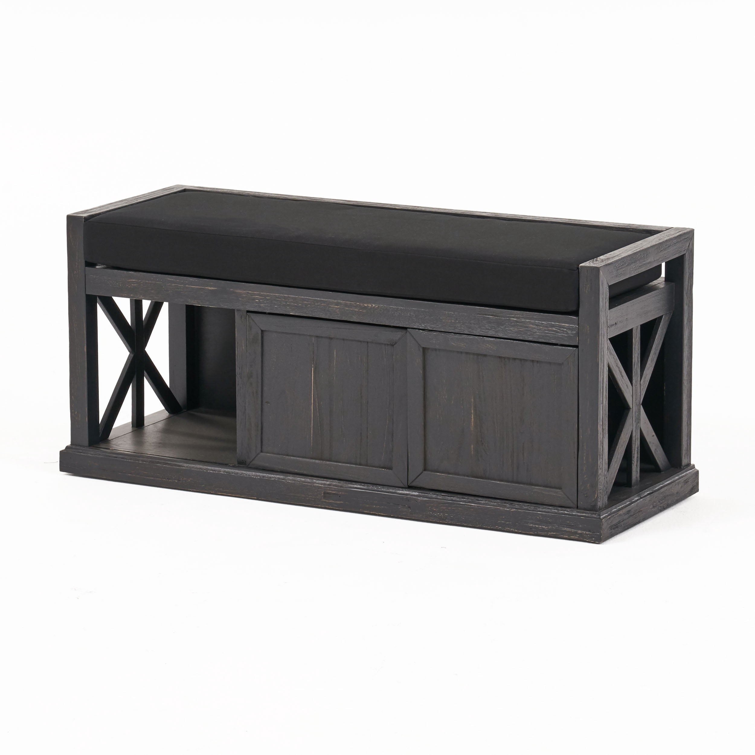 Noble House Tessa Modern Acacia Wood Storage Bench with Cushion, Sandblast Dark Gray, Black