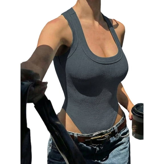 Women'S Bodysuits Summer Ribbed Knit Scoop Neck Sleeveless Slim Fitted Tank Tops Body Suits Dark Gray L