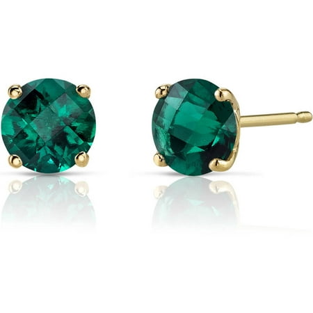 Oravo 1.50 Carat T.G.W. Round-Cut Created Emerald 14kt Yellow Gold Stud Earrings