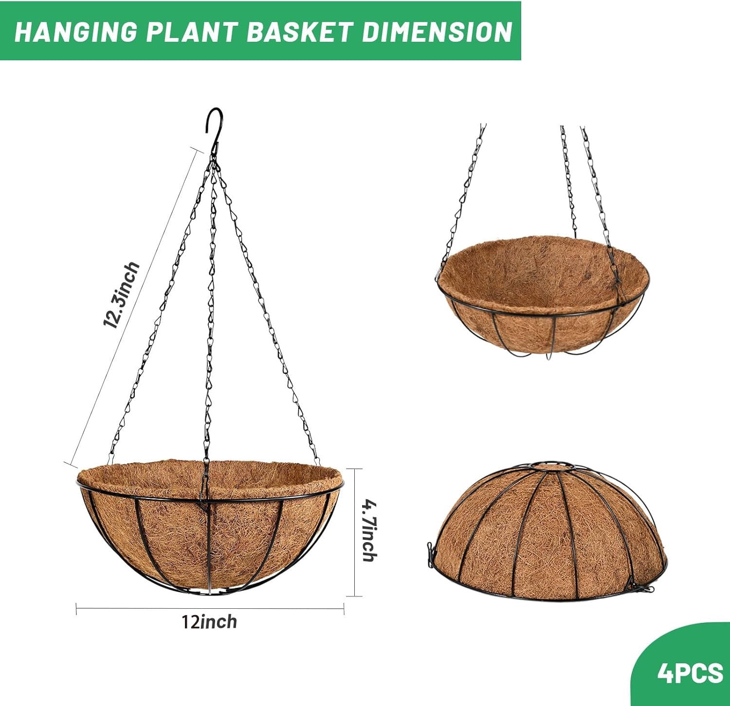 4 Pack 12 Inch Hanging Flower Baskets for Outdoor Plants Large Metal Wire Planters with Coco Liner Pot for Home Planting Black Watering Plant Holders for Outside Garden
