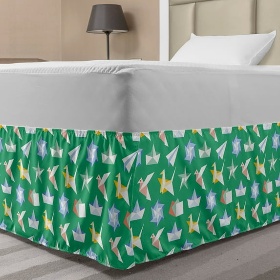 Origami Bed Skirt, Repeating Paper Craft Motifs Folding Papers Hobby in Vivid Tones Pattern, Elastic Bedskirt Dust Ruffle Wrap Around for Bedding Decor, 4 Sizes, Sea Green Multicolor, by Ambesonne