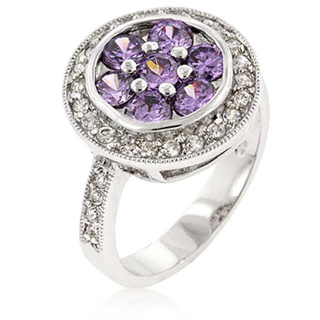 Kate Bissett R08080R-C20-05 Genuine Rhodium Plated Fashion Ring with Amethyst CZ Center and Clear CZ Outer Layer in Silvertone - Size 5