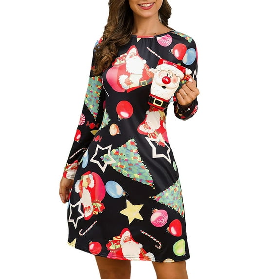 Gvmfive Women Christmas Long Sleeve Round Neck A Line Party Holidays Dress