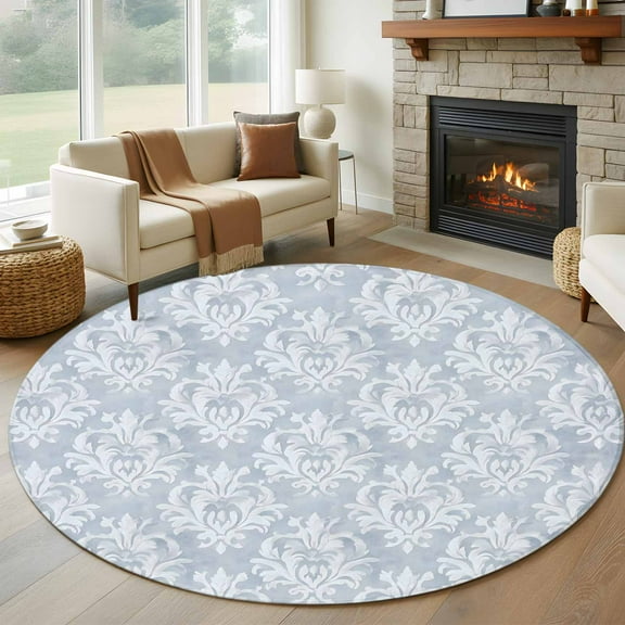 Haze Blue Boho Round Rug 5ft Washable Circle Kitchen Rugs Non Slip Neutral Middle Century Turkish Pattern Large Area Rug Indoor Floor Carpet for Bedroom Living Room Home Office Dining Room Nursery