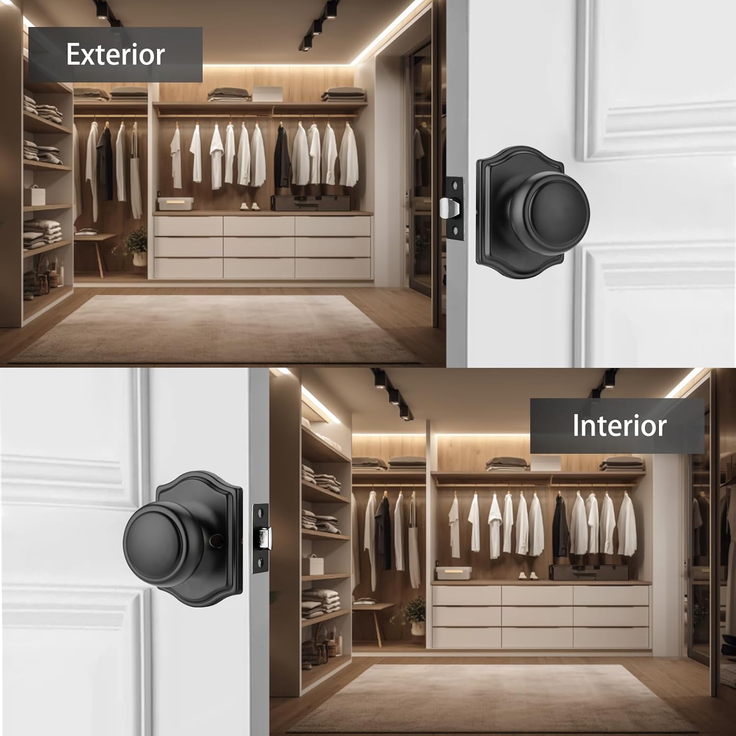 6 Pack Matte Black Door Knobs with Camelot Trim,Interior Door Knob with Lock,Coastal Door knob for Hall & Closet