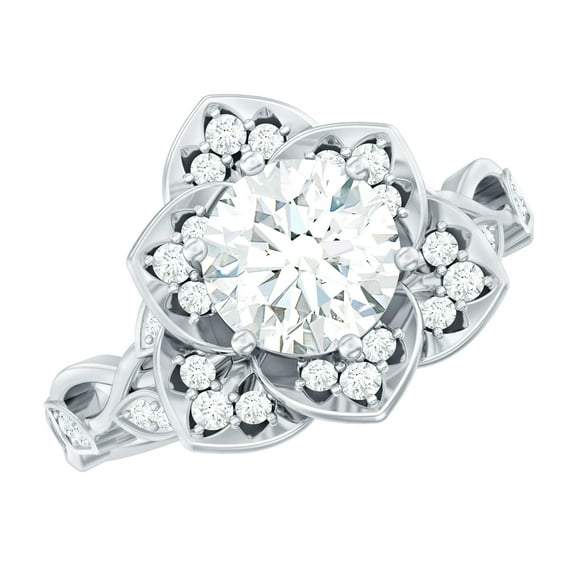 Rosec Jewels Certified Moissanite Floral Engagement Ring for Women (1.75 CT, D-VS1 Quality), 925 Sterling Silver, US 4.00