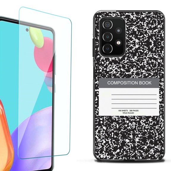 Slim-Fit Flexible TPU Gel Phone Case (black) for Samsung Galaxy A52 5G, with Tempered Glass Screen Protector, by OneToughShield ® - Composition Book