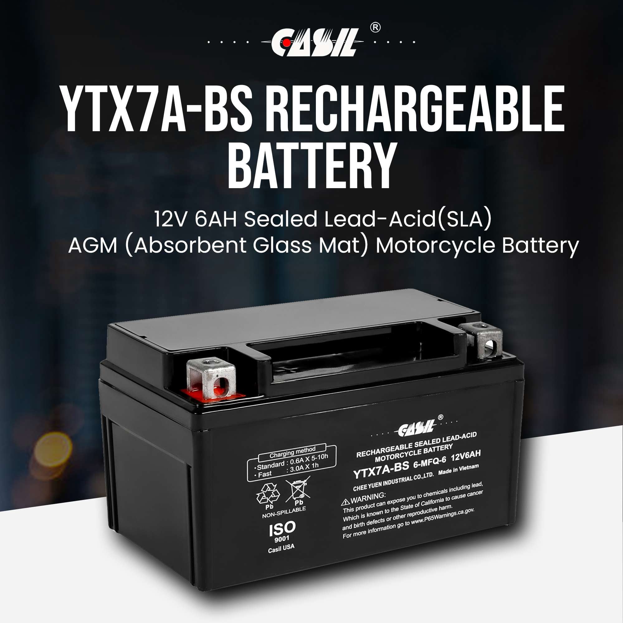 Casil ytx7a-bs battery - High Performance ytx7a-bs 12v 6ah - Maintenance Free - Sealed AGM Motorcycle Battery Compatible with Gas Gy6 Scooter Moped 50CC 125CC