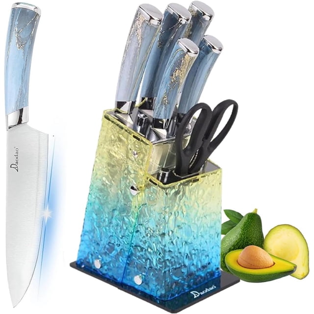 Kitchen Knife Set, 7 Pieces Professional Sharp Chef Knife Set with Gradient Acrylic Stand, Non Stick Stainless Steel Knife Block Set with Ergonomic Handle, Great Knife Set Best Gift for Woman (Blue)