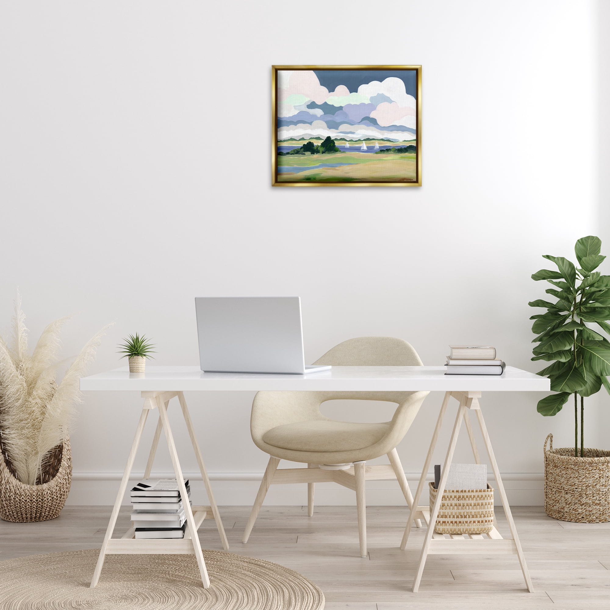 Stupell Industries Billowing Clouds Countryside Landscape & Nature Painting Gold Floater Framed Canvas Art Print Wall Art, 21 x 17