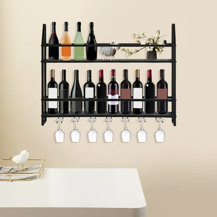Wall-Mounted Wine Rack with 2 Shelves & Cup Holder - Durable Steel Wine Organizer for Home, Bar, Restaurant, 66.1lbs Load Capacity