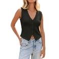 thumbnail image 3 of Women's Solid Color V Neck Three Button Knit Sweater Vest, Cropped Sleeveless Casual Top, Lightweight for Summer Going Out Outfits, Soft and Breathable Black S, 3 of 10