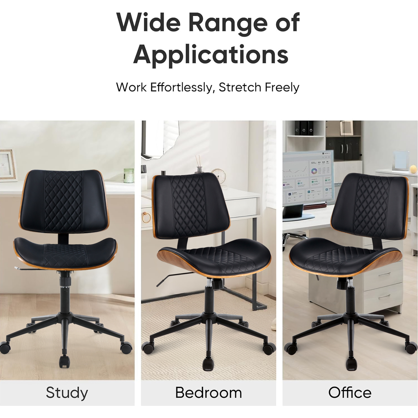 Home Office Chair, Armless Desk Chair with Wheels, Adjustable Height and 360° Swivel, Modern PU Leather Mid Back Computer Chair, Office Chair for Living Room Bedroom Office, Black