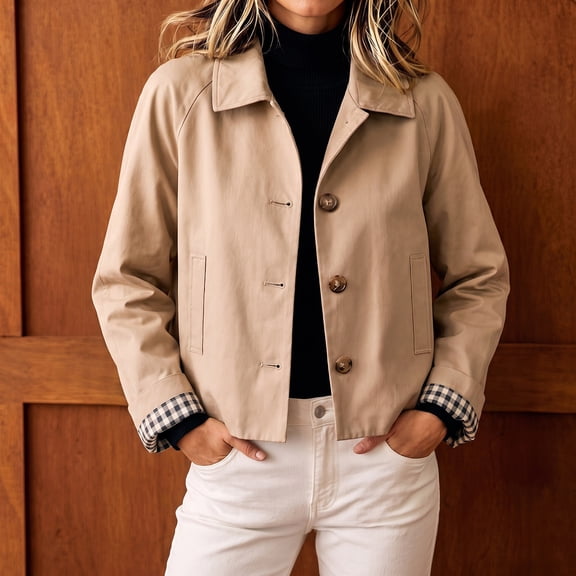 Women's Cropped Trench Jacket with Plaid Cuffs Button Front Lapel Collar Windbreaker