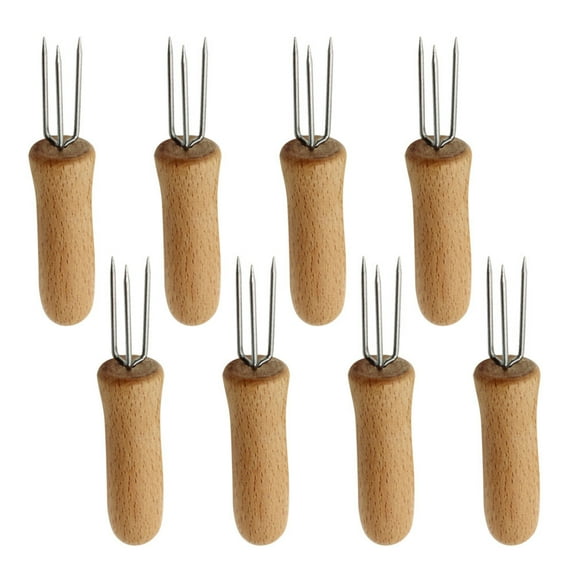 8pcs Stainless Steel Corn Cob Holder Wooden Handle Grilling Fork Portable Fruit Forks Barbecue Accessories