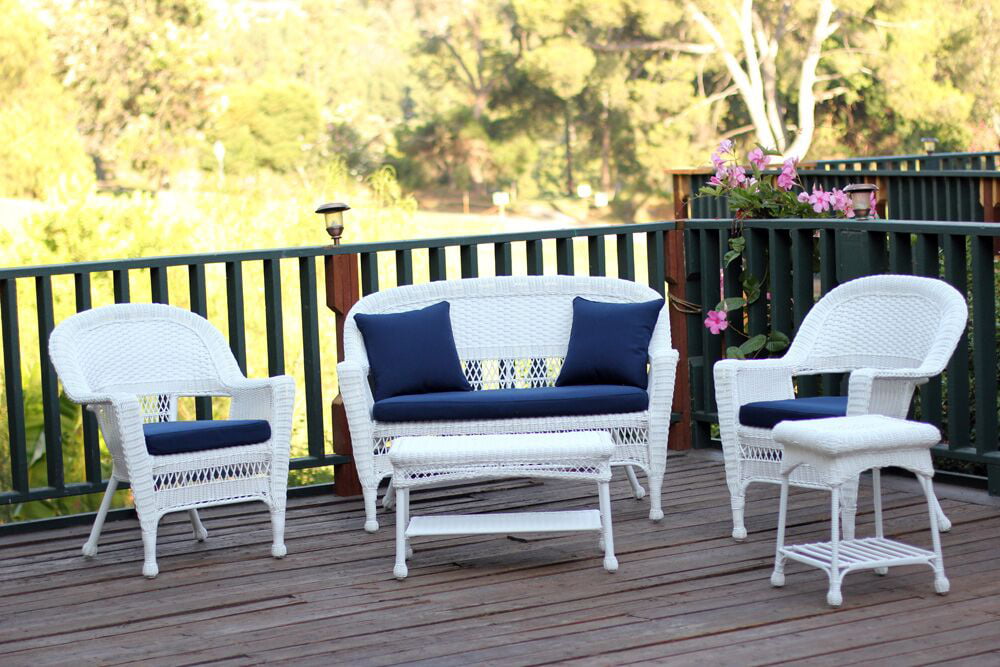 Set of 5 Flynn White Wicker Patio Chair, Loveseat & Table Furniture Set