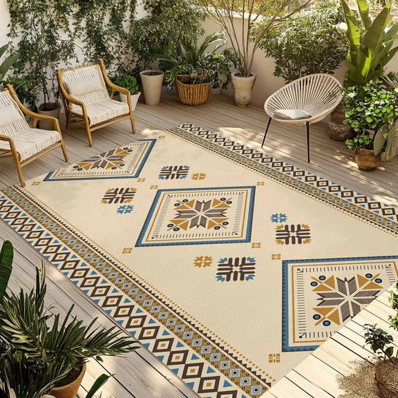 Beige Khaki Boho Outdoor Rug for Patio/Deck/Porch, Non-Slip Large Area Rug 3 x 5 Ft, Vintage Ethnic Tribe Abstract Art Retro Indoor Outdoor Rugs Washable Area Rugs, Camping Rug Carpet Runner