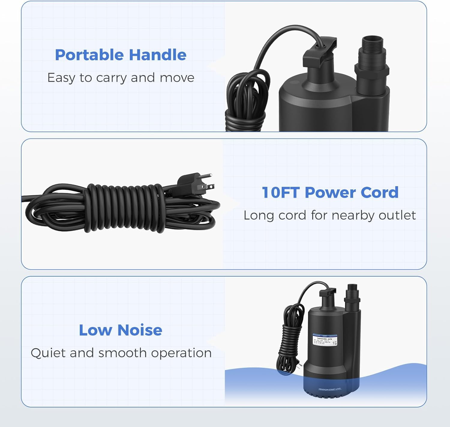 JUWO Submersible Water Pump 1/4 HP, 1800GPH Portable Utility Pump with 10ft Cord, Thermoplastic Electric Small Sump Pump for Draining Swimming Pools, Garden Ponds