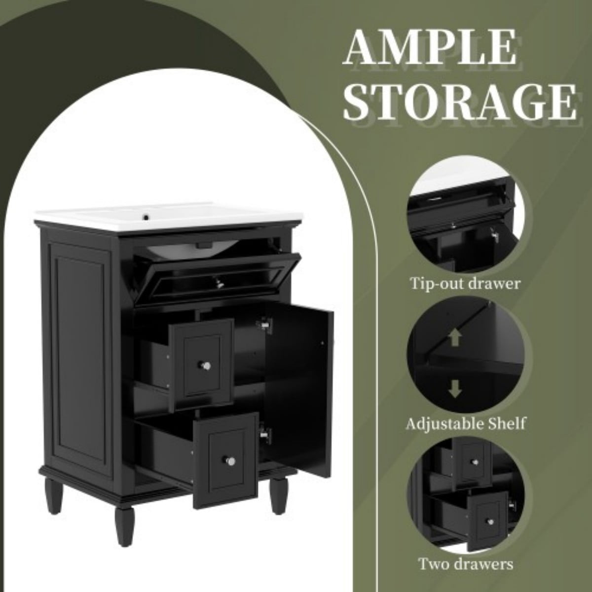 24" Bathroom Vanity with Sink, Modern Bathroom Vanity Cabinet with Flip Drawer, 2 Drawers, Adjustable Shelf, Solid Wood & MDF, Black