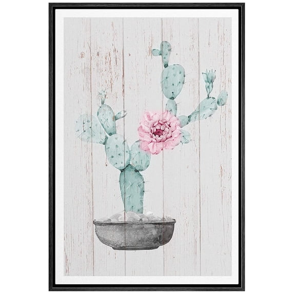 IDEA4WALL Framed Canvas Art Wall Decor Prickly Pear Cactus with Pink Flower and WOD Panel Botanical Plants Illustrations Realism Decorative Elements for Dorm Home Office - 16"x24"