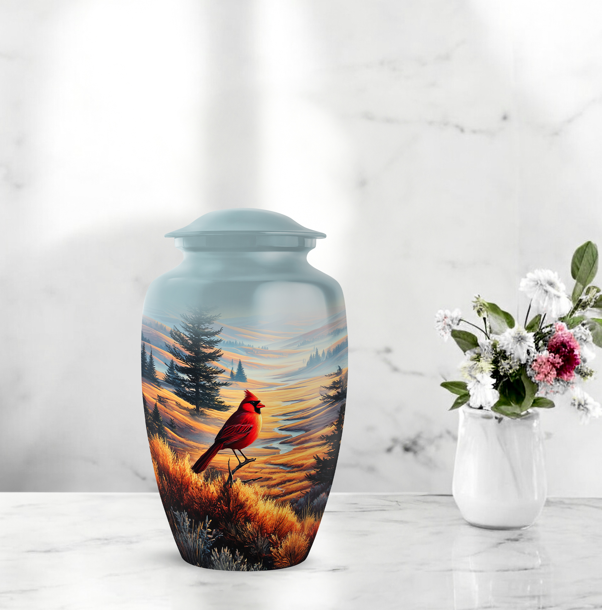 Cardinal Bird Funeral Urn For Ashes For Women - Large Mountain Urns For Human Ashes Adult Male - Blue Cremation Urns For Mom - Funeral Urn For Male, 10 Inch