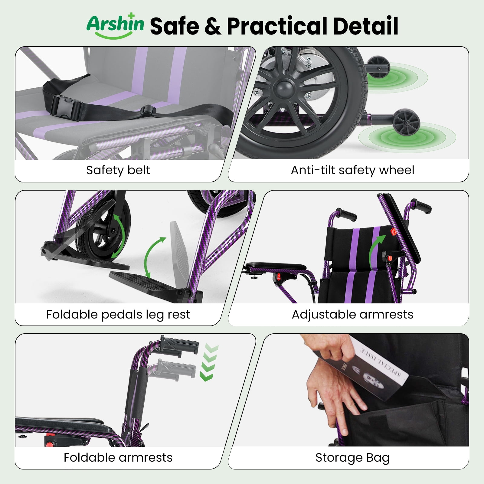 Arshin Electric Wheelchair Lightweight Foldable,20+ Miles Electric Wheelchairs for Adults,360°Joystick Motorized Wheelchair,286+ lbs Capacity,Purple